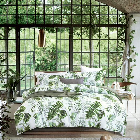 MILDLY Floral Duvet Cover Set - 100% Long-Staple Cotton Green Palm Leaf Pattern Printed Tropical Comforter Cover 3pcs Soft Breathable Luxury Bedding for All Season
