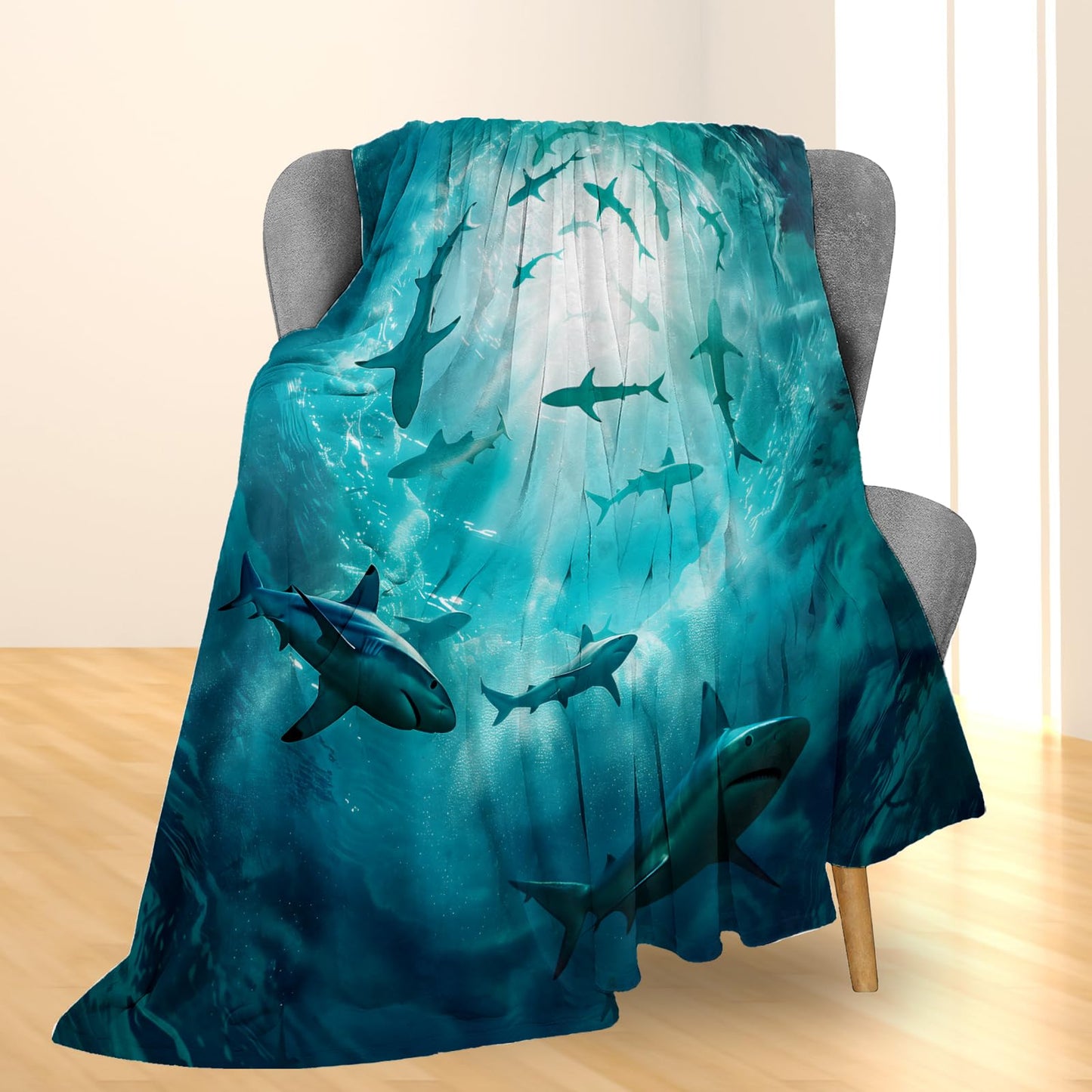 Ti Caldi Ocean Shark Blanket Gifts, Sunlight Rays Marine Wildlife Flannel Throw Blanket for Couch, Bed, Travel & Home Decor, Cozy Lightweight Fuzzy Warm Nautical Blankets for Women Kids Boys 60×50 in