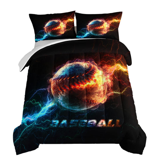 HOSIMA Baseball Comforter for Boys Girls Teens,Flame Lightning Full Size Bed in a Bag Sports Themed Bedroom Decor,Dorm Room Essentials for College Students Boys Soft Microfiber Black Comforter.