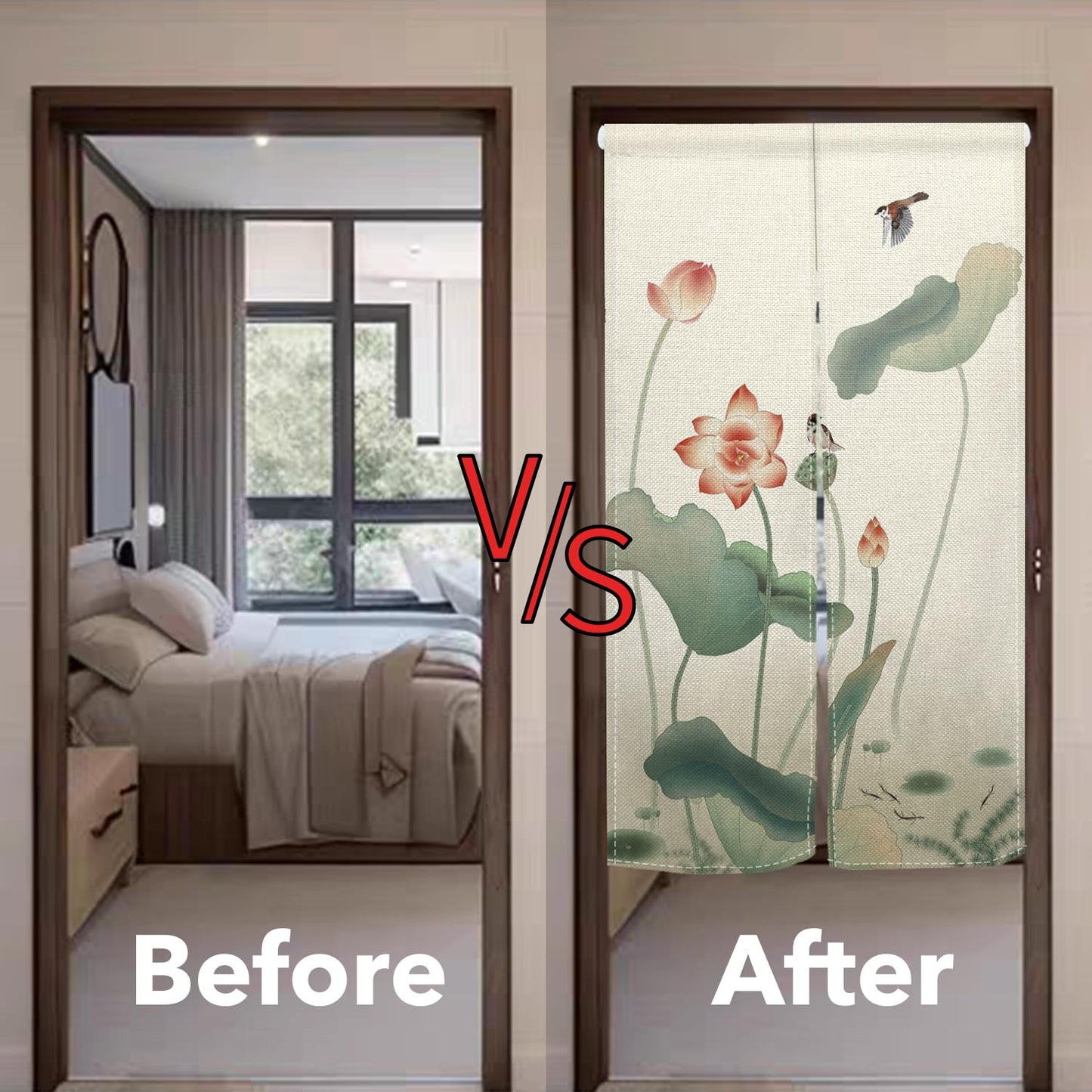 Leowefowa Japanese Noren Doorway Curtain Tapestry Traditional Lotus Bird Printed Window Treatment Polyester for Hanging Room Divider Home Decor Japanese Privacy Kitchen Door Curtains, 33.5"x 70.9"