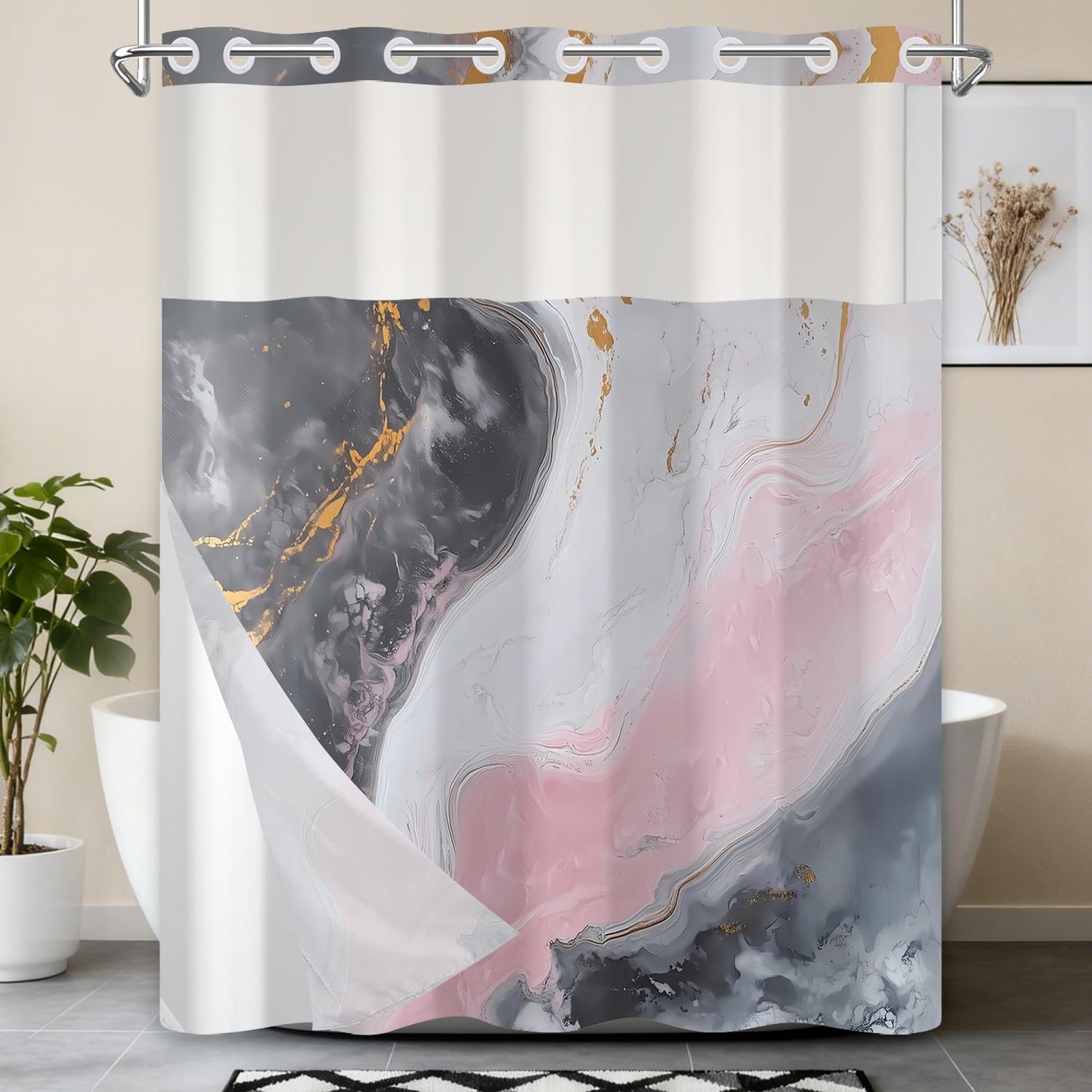 Xiazhilaio No Hook Marble Shower Curtain with Snap in Liner 71x74 Inch