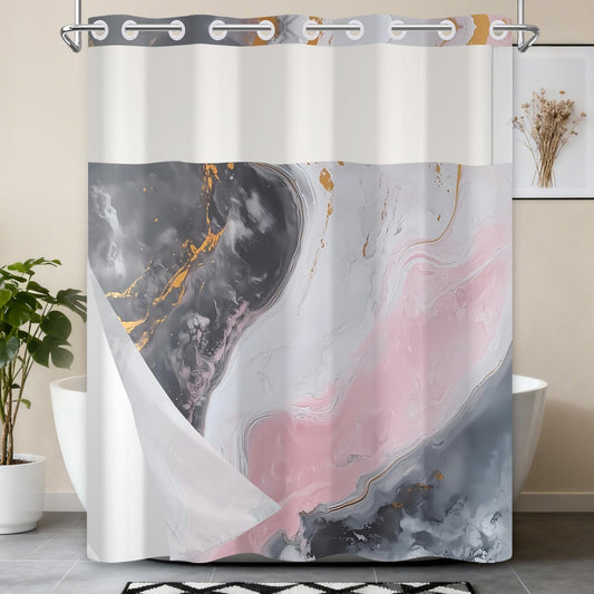Xiazhilaio No Hook Marble Shower Curtain with Snap in Liner 71x74 Inch