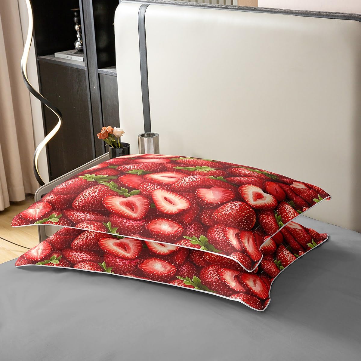 Manfei Cute Strawberry 100% Cotton Duvet Cover Set Twin Size, Kawaii Fruits Bedding Set 2pcs, Red Strawberries Print Quilt Cover, Kids Girls Teens Room Decor, 1 Pillowcase,No Comforter