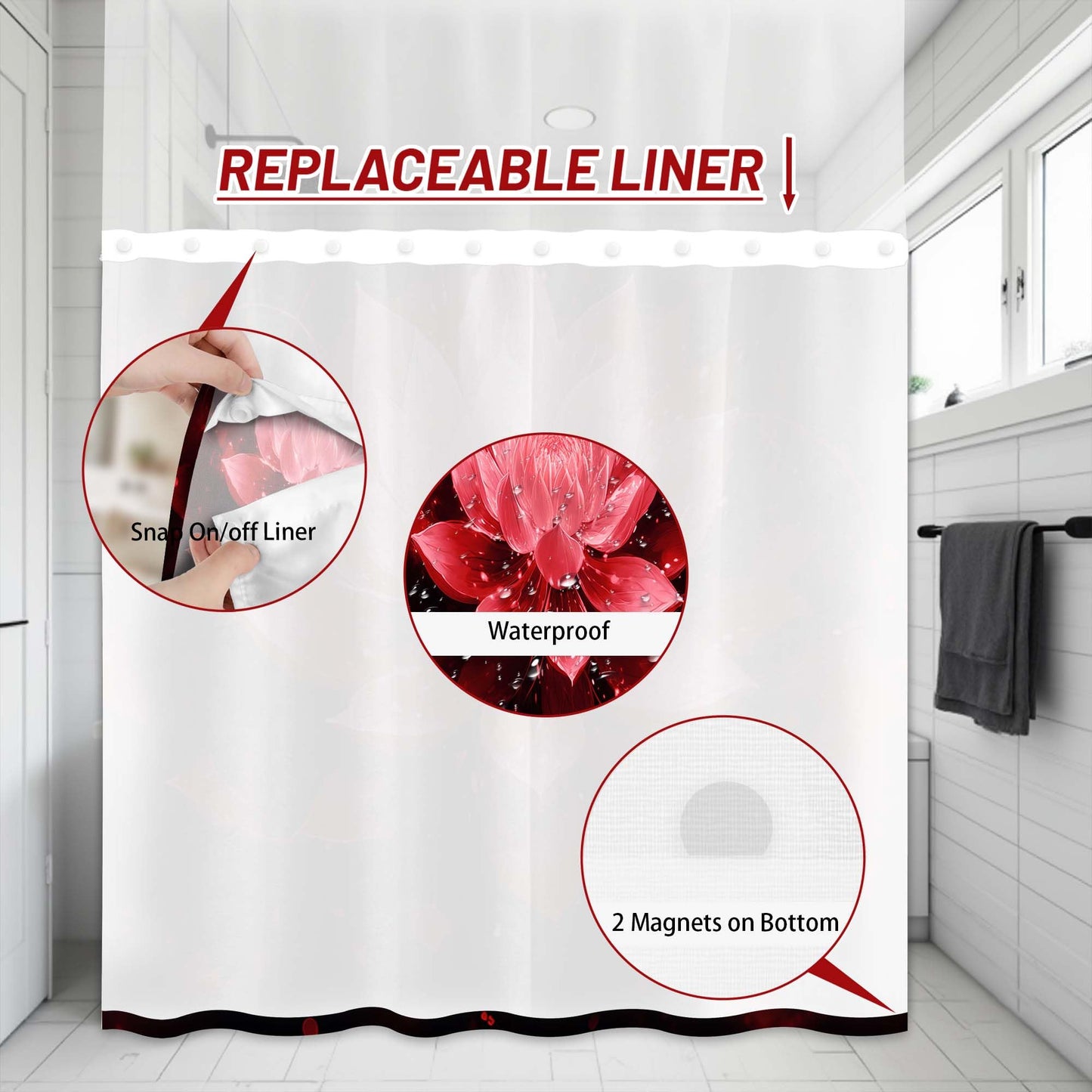 Lotus Hookless Shower Curtain with Liner, Black and Red Floral, 71"x74"