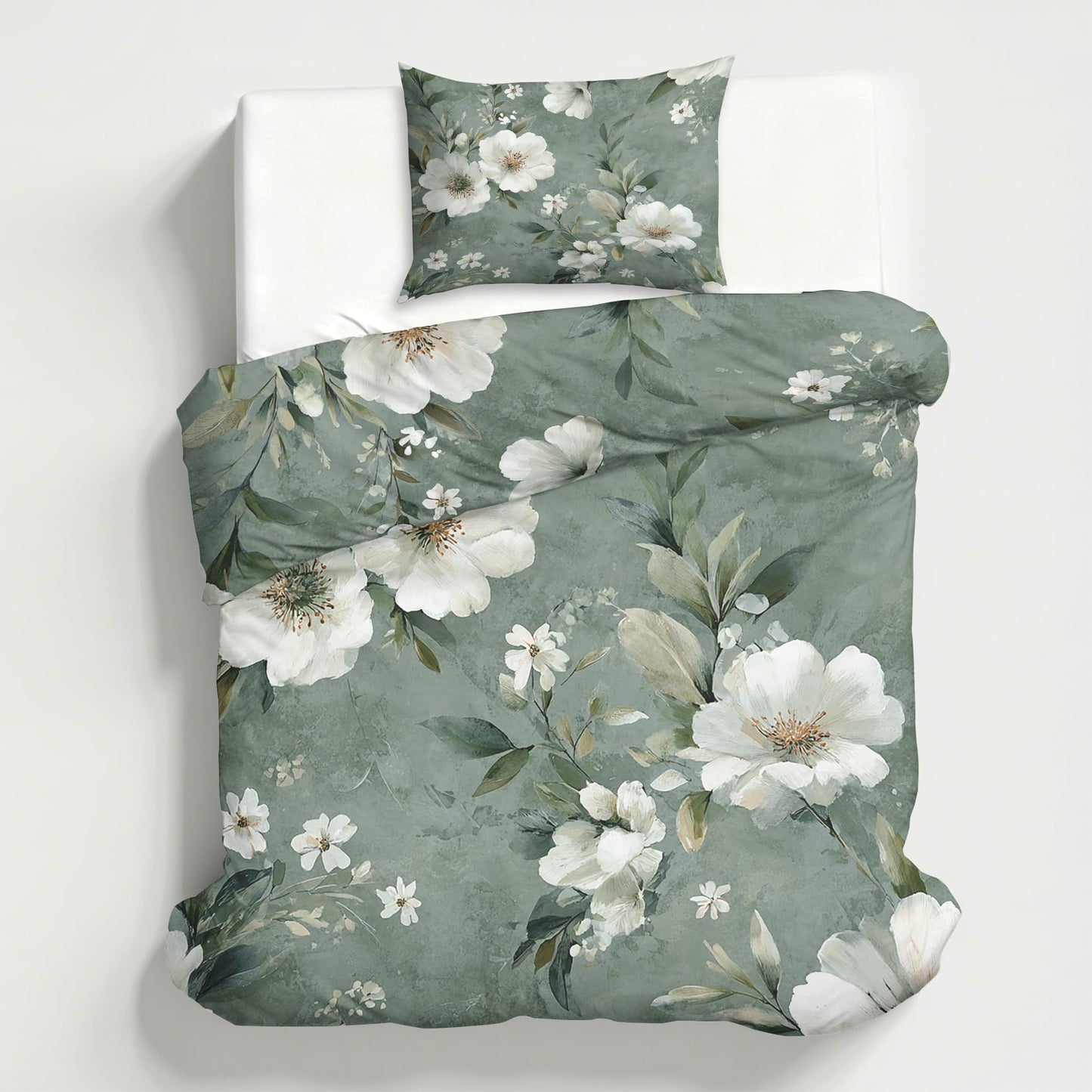 Floral Duvet Cover Queen, Botanical Leaves Bedding Set 3 Piece & 2 Pillowcases, White Flower Bedroom Decor, Reversible Soft Microfiber, Zipper Ties