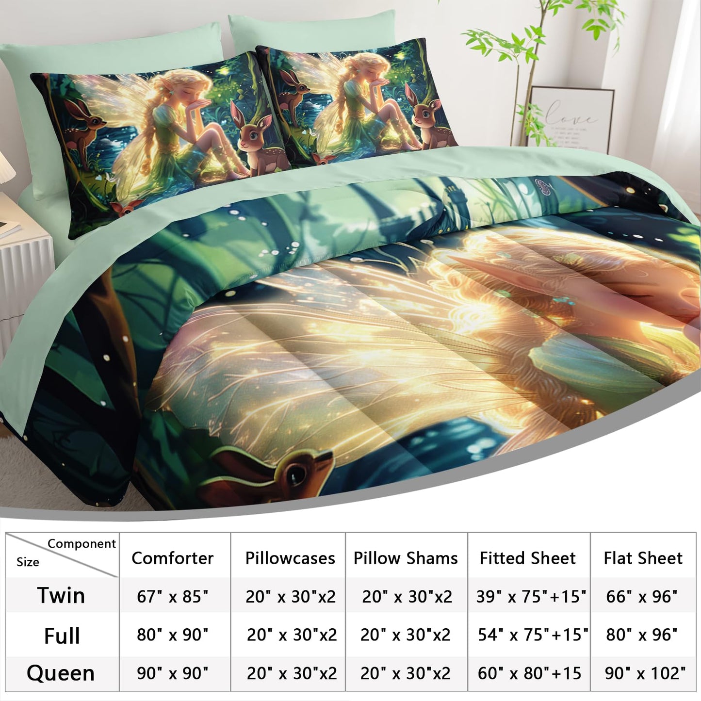 AILONEN Butterfly Fairy Comforter Set Twin Size,Princess and Elk Bedding Sets,Mysterious Forest Theme Bed in a Bag,Comforter & Fitted Sheet & Flat Sheet & 2 Pillowcases,2 Pillow Shams