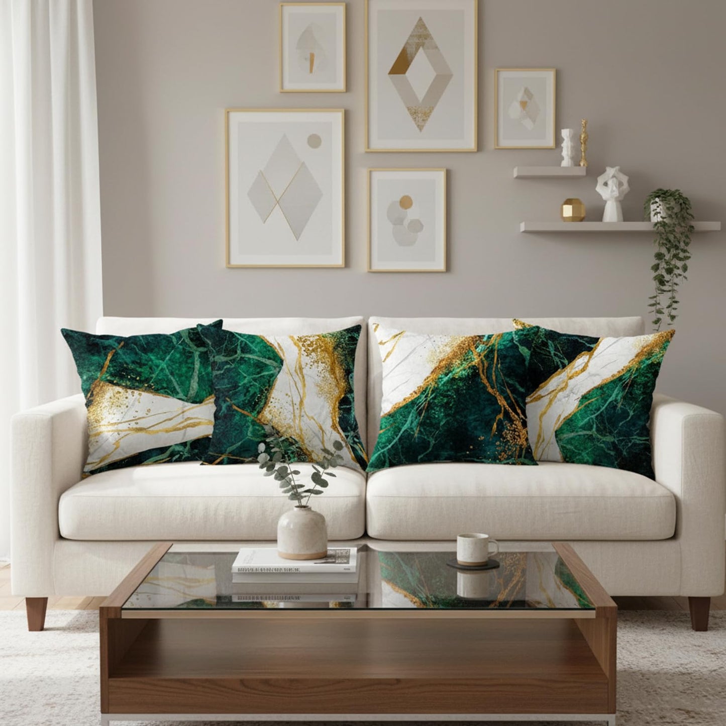 LDJRSY Green Gold Gray Decorative Throw Pillow Covers Set of 4
