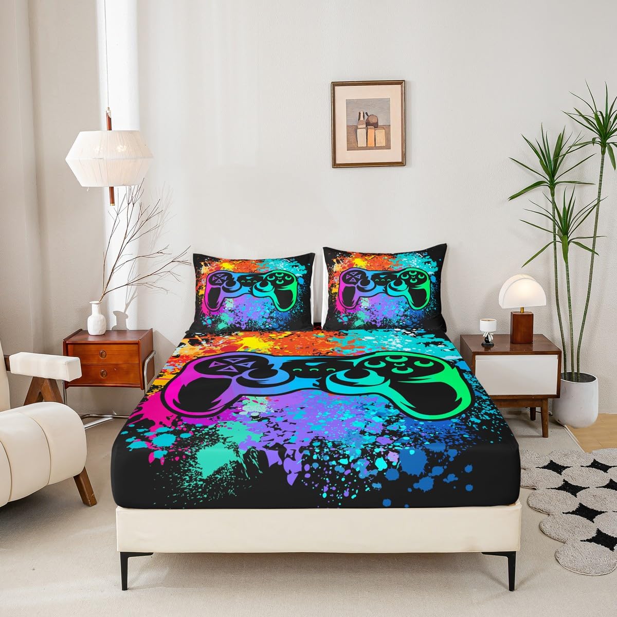 Erosebridal Gamer Bed Sheets King,Gaming Bed Sheet Set for Boys Game Room Decor,Tie Dye Bed Set for Kids Girls Teens Video Games Bedding Sheets,Gamepad Fitted Sheet + Flat Sheet + 1 Pillow Case