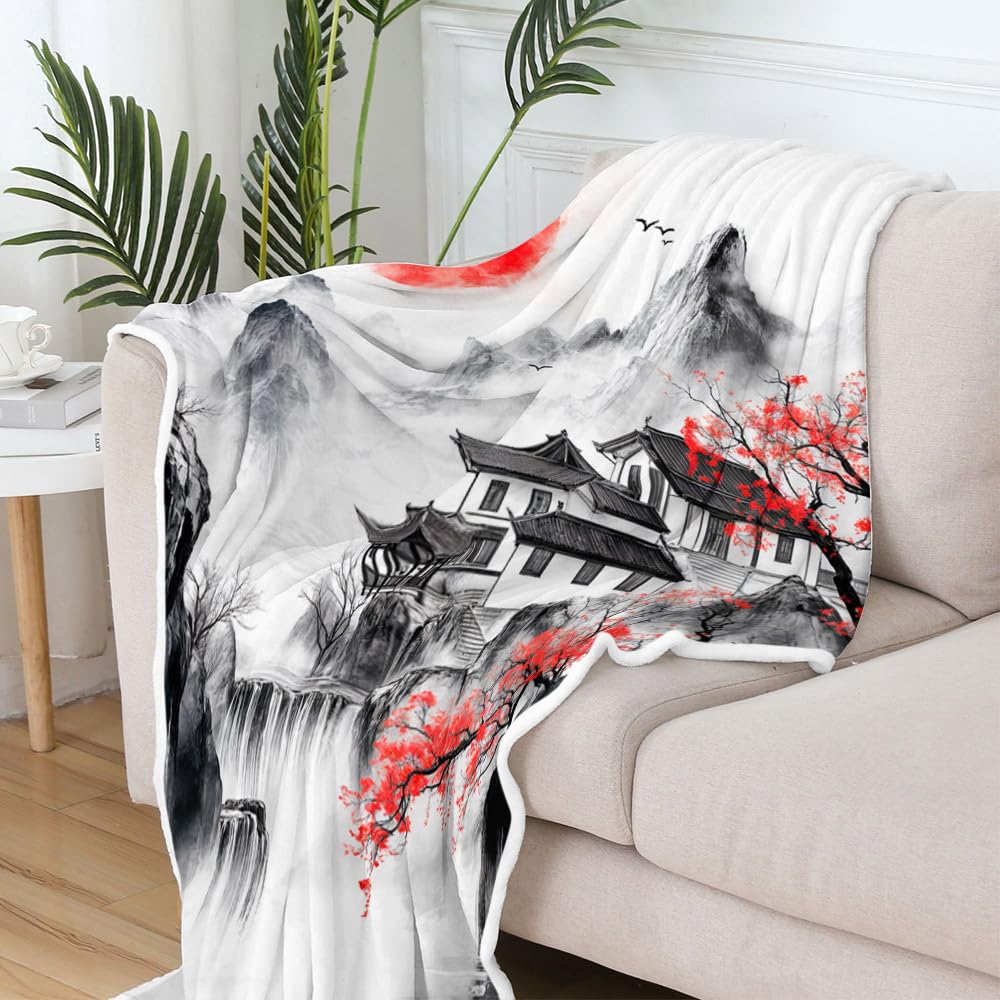 DYNH Japanese Cherry Blossom Blanket, Asian Nature Landscape Throw Blanket, Mountain Cherry Branches Red Sun Ink Painting Soft Warm Flannel Black White Grey Blanket,50X60