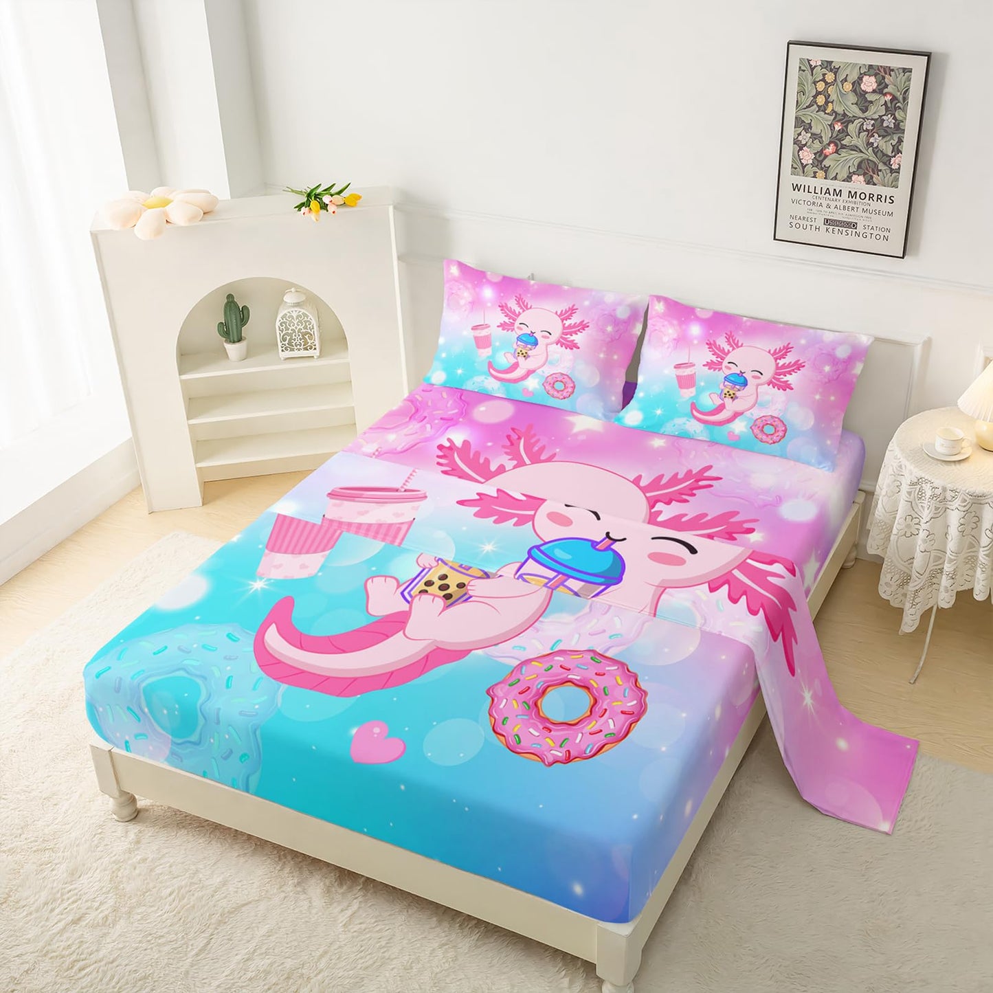 QOOMO Cartoon Pink Axolotl Microfiber Sheets for Children Funny Marine Life Kid Sheets Set Blue Pink Gradient Donut Room Decoration Queen Size 1 Fitted Sheet, 1 Flat Sheet, 2 Pillow Cases