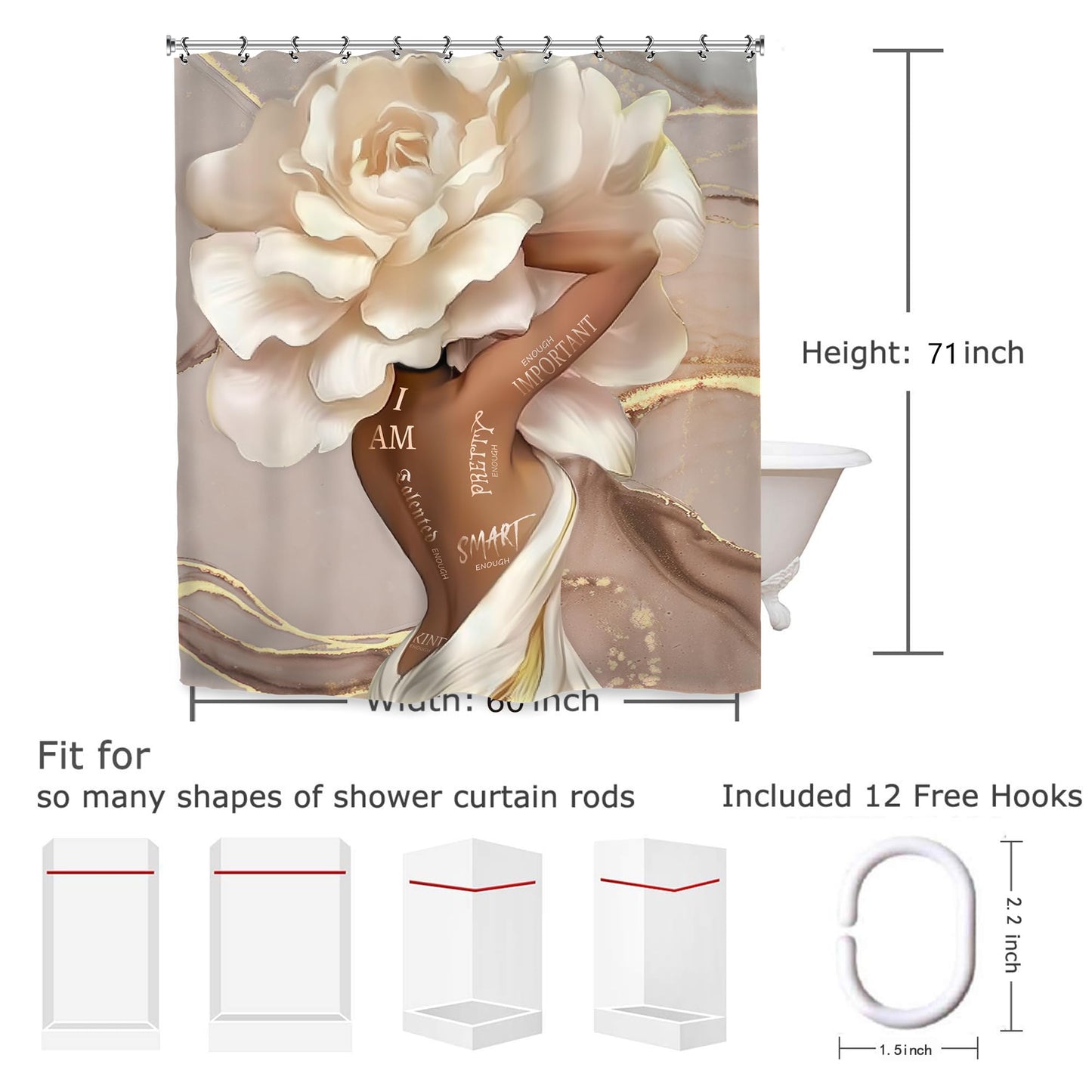Yookeb African American Flower Bathroom Shower Curtain 60W by 71H Inch Black Girl Woman Sexy Marble Inspirational Motivational Positive Polyester Fabric 12 Plastic Hooks Waterproof Decor