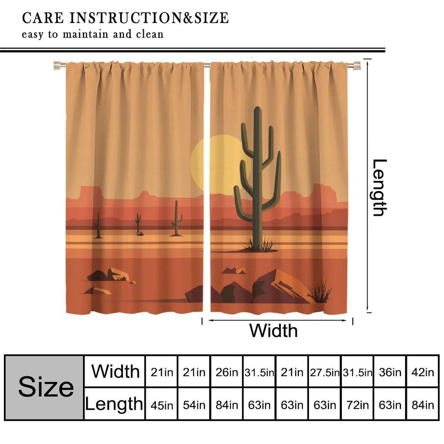 Desert Cactus Curtains, Saguaro Cactus Sunset Landscape Print, Light Filtering Window Drapes for Bedroom Living Room Kitchen, 20.5" W x 44.5" L, 2 Panels （No Blackout）