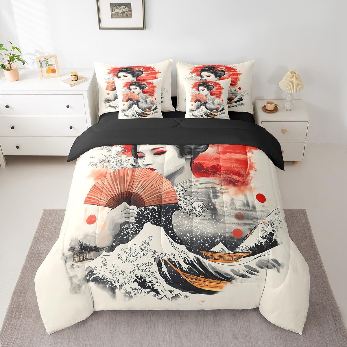 Erosebridal Geisha Female Bedding Set 7Pcs,Japanese Sea Wave Comforter Set Twin for Kids Teens Adults,Traditional Aesthetic Bed in a Bag