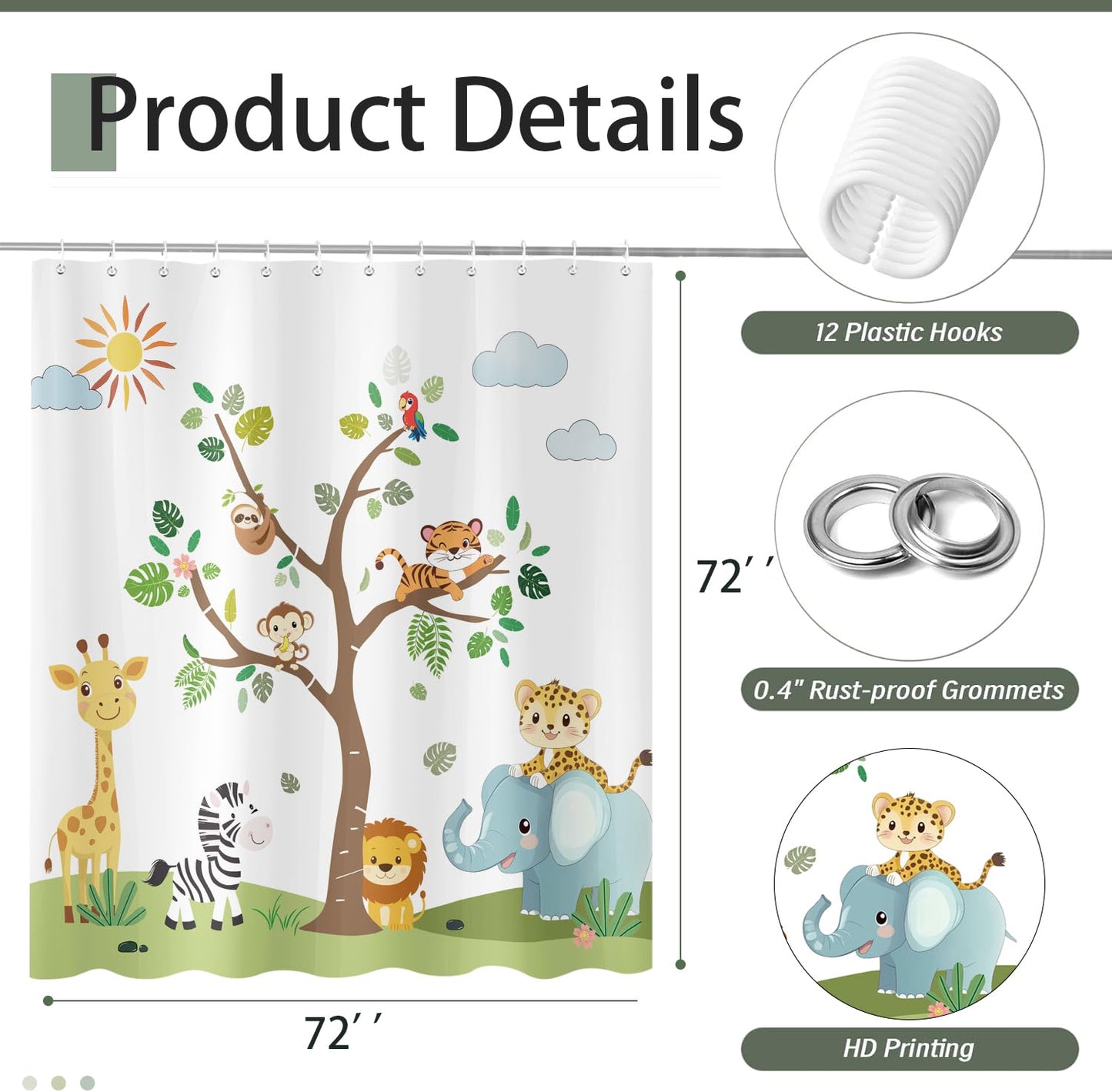 Jungle Animal Kids Shower Curtain, Elephant Lion Giraffe Woodland Safari Shower Curtain Set, Funny Cartoon Animals Educational Fabric Shower Curtain for Bathroom with 12PCS Hooks 72X72IN Green