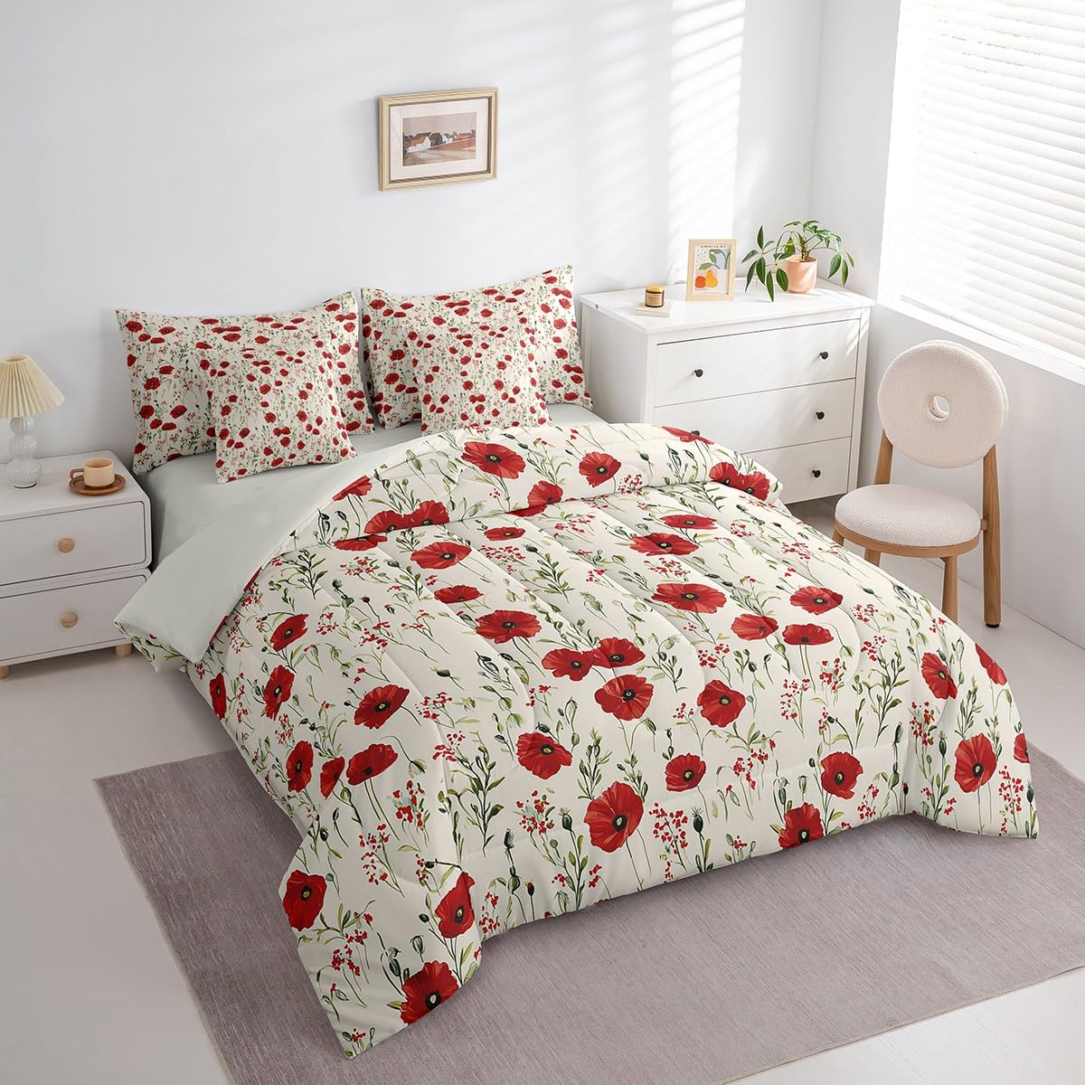 Retro Floral Boho Bed Set Twin Size 70S Hippie Flowers Bohemian 7 Pieces Bedding Set for Kids Boys Girls Psychedelic Floral Bed in a Bag with Comforter, Sheets, Pillowcases Breathable Bedroom