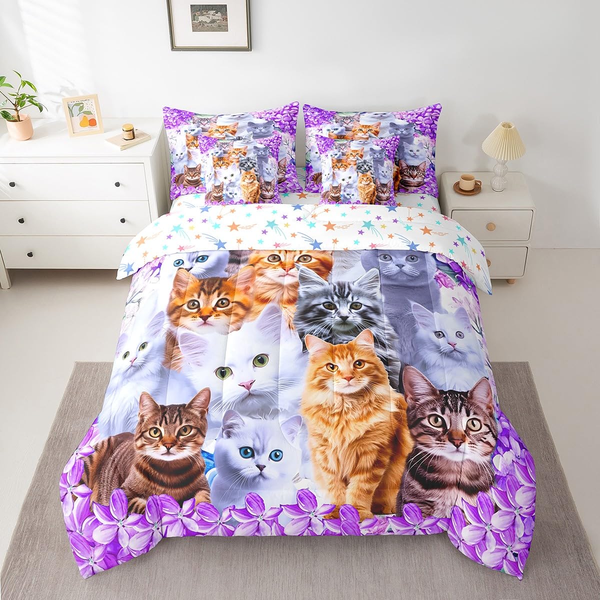 Feelyou Floral Cat 7 Piece Bedding Set with Sheets Twin Size Purple Cat Comforter Set with Sheets for Kids Teens Girls Bed Set Kawaii Animals Cute Decor Bedroom Soft and Lightweight(Reversible Stars)