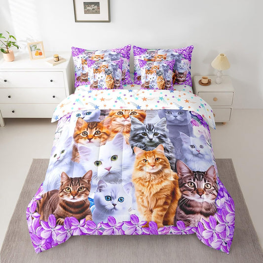 Feelyou Floral Cat 7 Piece Bedding Set with Sheets Twin Size Purple Cat Comforter Set with Sheets for Kids Teens Girls Bed Set Kawaii Animals Cute Decor Bedroom Soft and Lightweight(Reversible Stars)