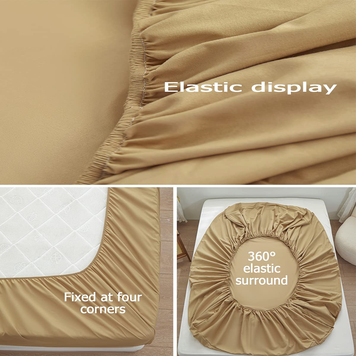 Rushrushlulu Bedding Queen Size Fitted Sheet Only- Bottom Mattress Fitted Sheet-Fits 15inches Deep Mattress Pocket -Soft and Microfibe-Shrinkage and Fade Resistantr-Easy Care-Camel