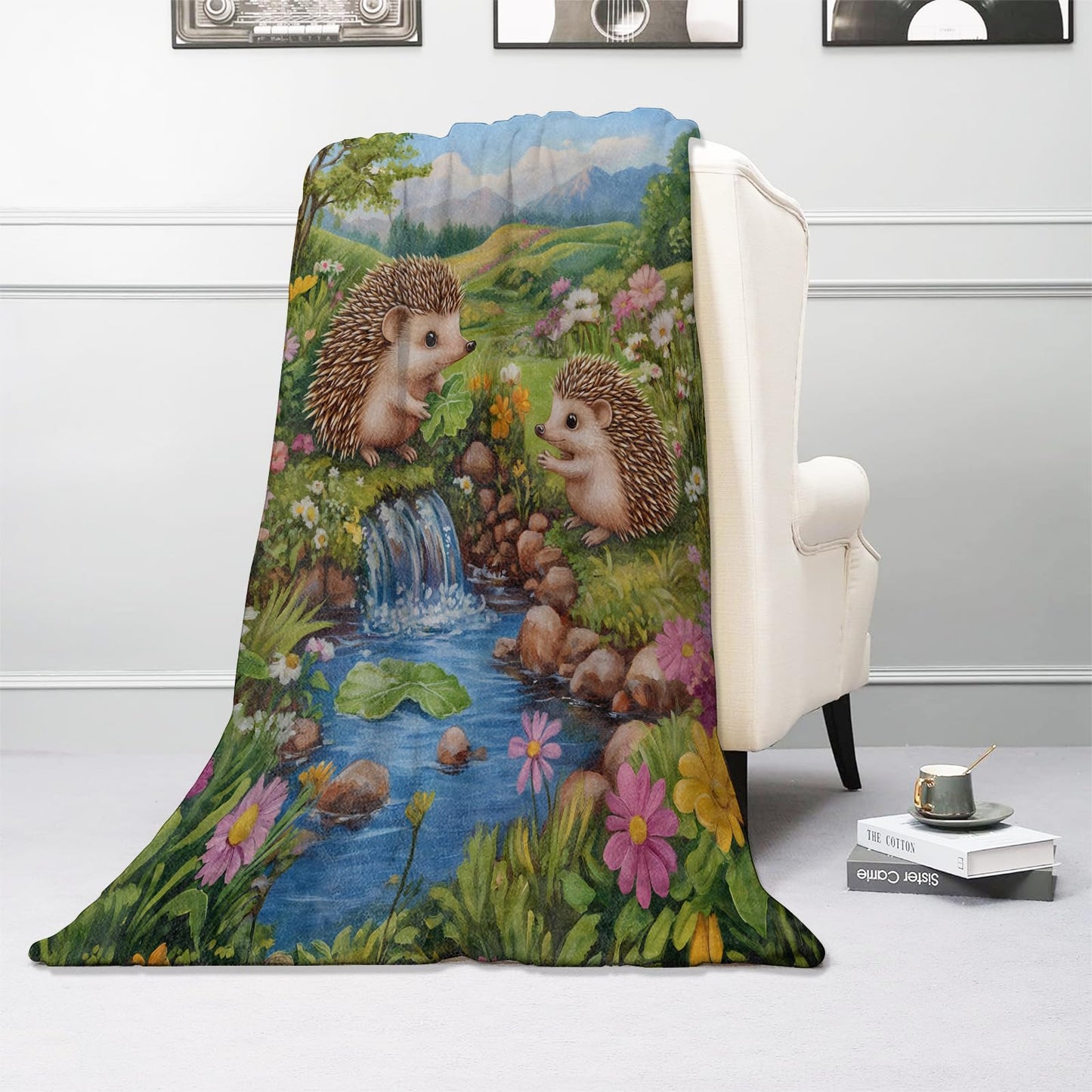 Kibue Cute Hedgehog Blanket, Warm Cozy Flannel Throw with Animal and Flower, Soft Lightweight Blankets for Travel, Sofa, Bedroom, Office, Cartoon Nature Home Decor Gifts for Adults Women 60"×50"
