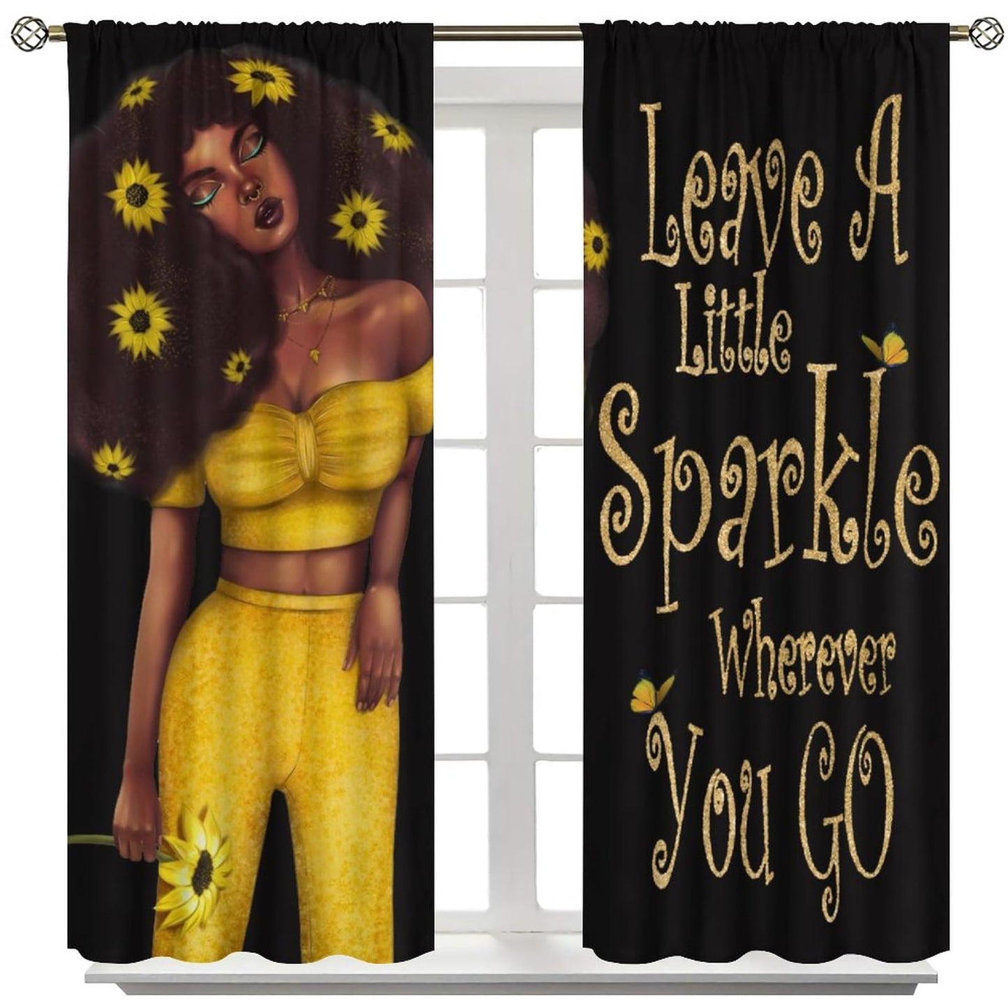 JESTRONRY Black Girl Curtains,Hippie Fashion Sunflower Girl Blackout Rod Pocket Window Drapes for Living Room Bedroom Kitchen Bathroom Home Decor 42x45in