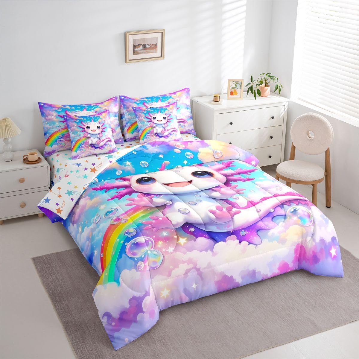 Girls Cute Axolotl Queen Bedding Set Kids Cartoon Axolotl Comforter Set with Flat and Fitted Sheet for Preteen Teens Galaxy Cloud Blue Sky 7-Piece Bed in a Bag Princess Dreamy Rainbow Quilt Sets