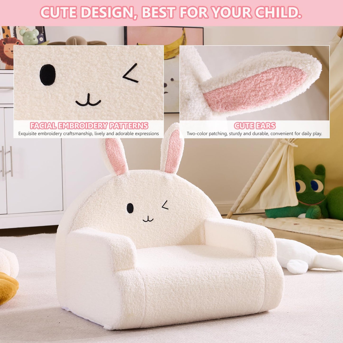 Karl home Toddler Chair Comfy, Toddler Reading Chair, Cute Animal Series Kid's Chair, Foam Kids Sofa with Soft Teddy Plush, Outdoor Furniture for Backyard Patio Garden Playroom Preschool, White Bunny