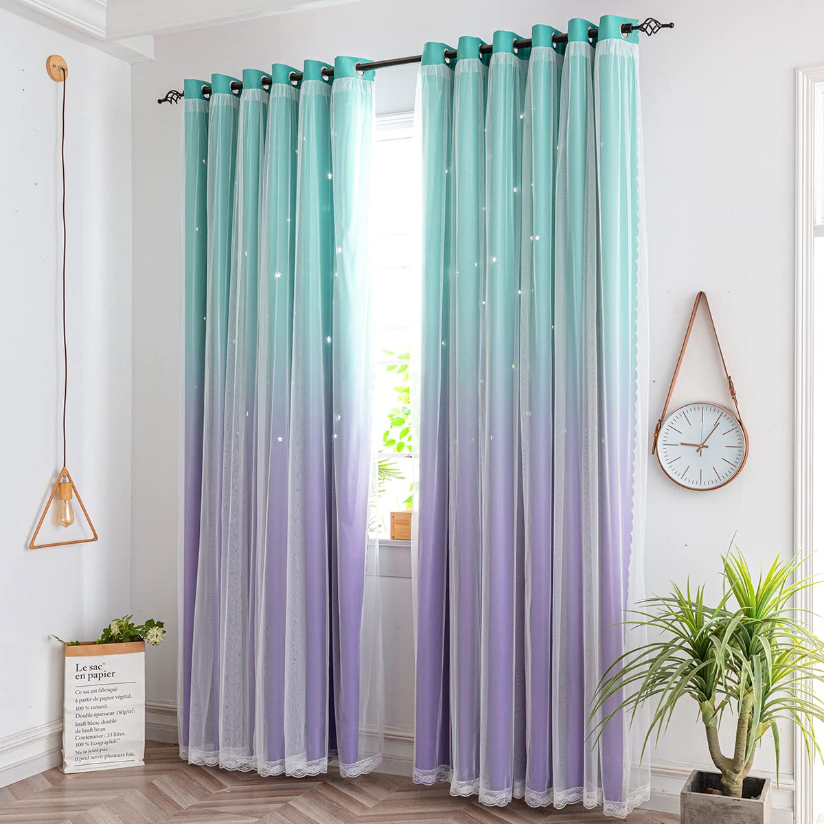 Yancorp Kids Curtains for Girls Bedroom Princess Curtains for Daughter Room 84 Inches Long Star Curtains with Tieback & 3 Bowties(Purple Teal,W52*L84),1 Panel