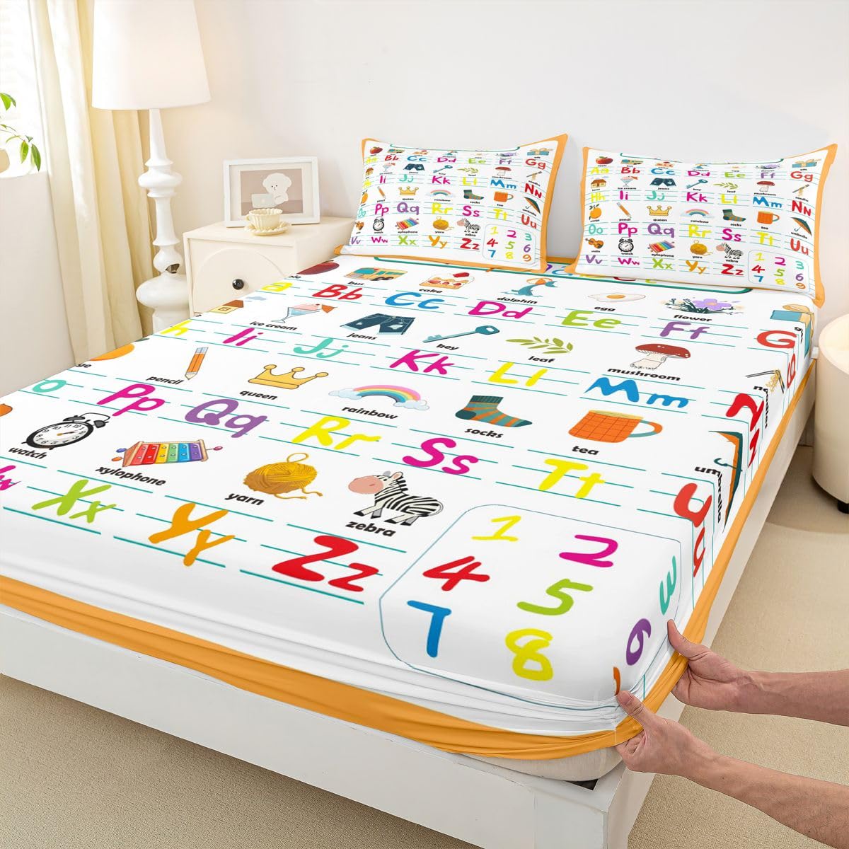 ABC Alphabet Bed Sheet Set Twin Size, Cute Educational Learning Tool Fitted Sheet for Kids Toddler Cartoon Animal Bedding Set Learning Educational Bed Cover Lightweight Bed Set (No Flat Sheet)