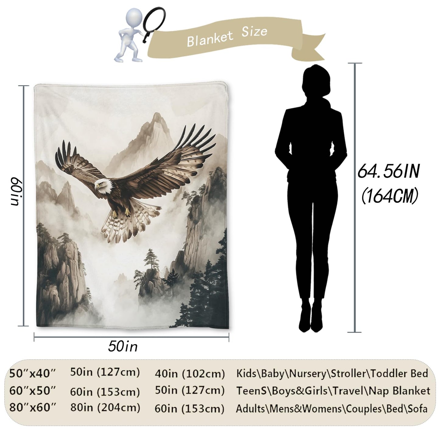 Ti Caldi Soaring Eagle Blanket, Soft Fuzzy Flannel Painting Style Throw Blanket for Couch, Bed, Travel & Home Decor, Lightweight Cozy Warm Blankets for Adults Kids Men Women 60×50 in
