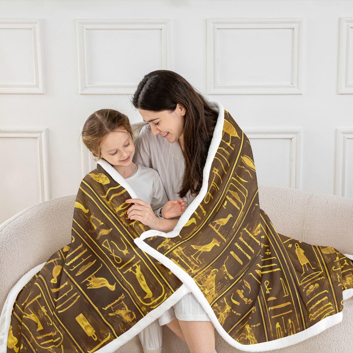 Ancient Egypt Fuzzy Blanket Egyptian Wall Pattern Sherpa Blanket for Sofa Bed Couch Ultra Soft Egypt Culture Fleece Throw Blanket Tribal Bed Decor Fuzzy Blanket Throw 50"x60"