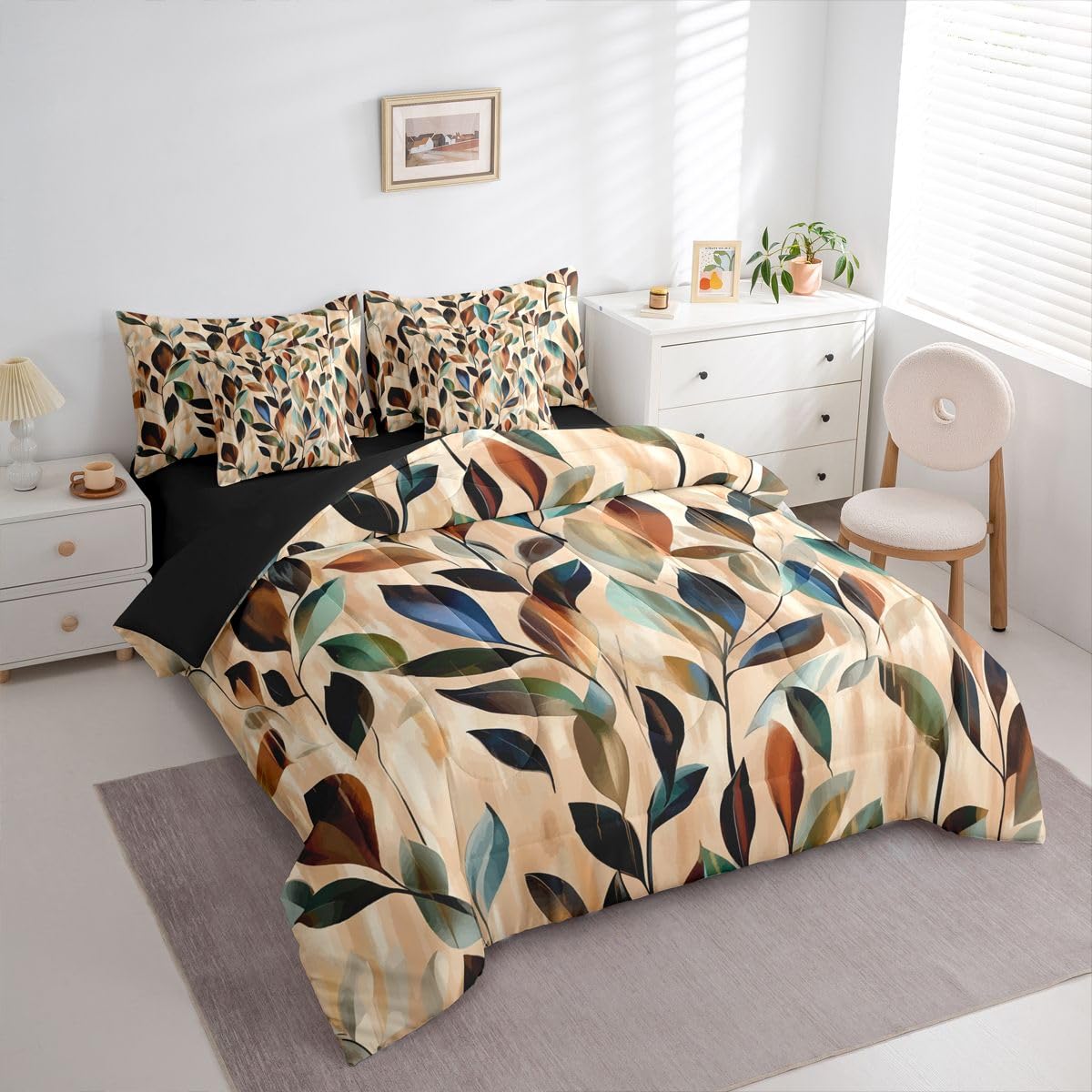 Erosebridal Leaves 7 Pcs Bedding Set Queen Vibrant Floral Comforter Set with Sheets Boho Farmhouse Bed in A Bag Retro 70S Theme Bedroom Decor