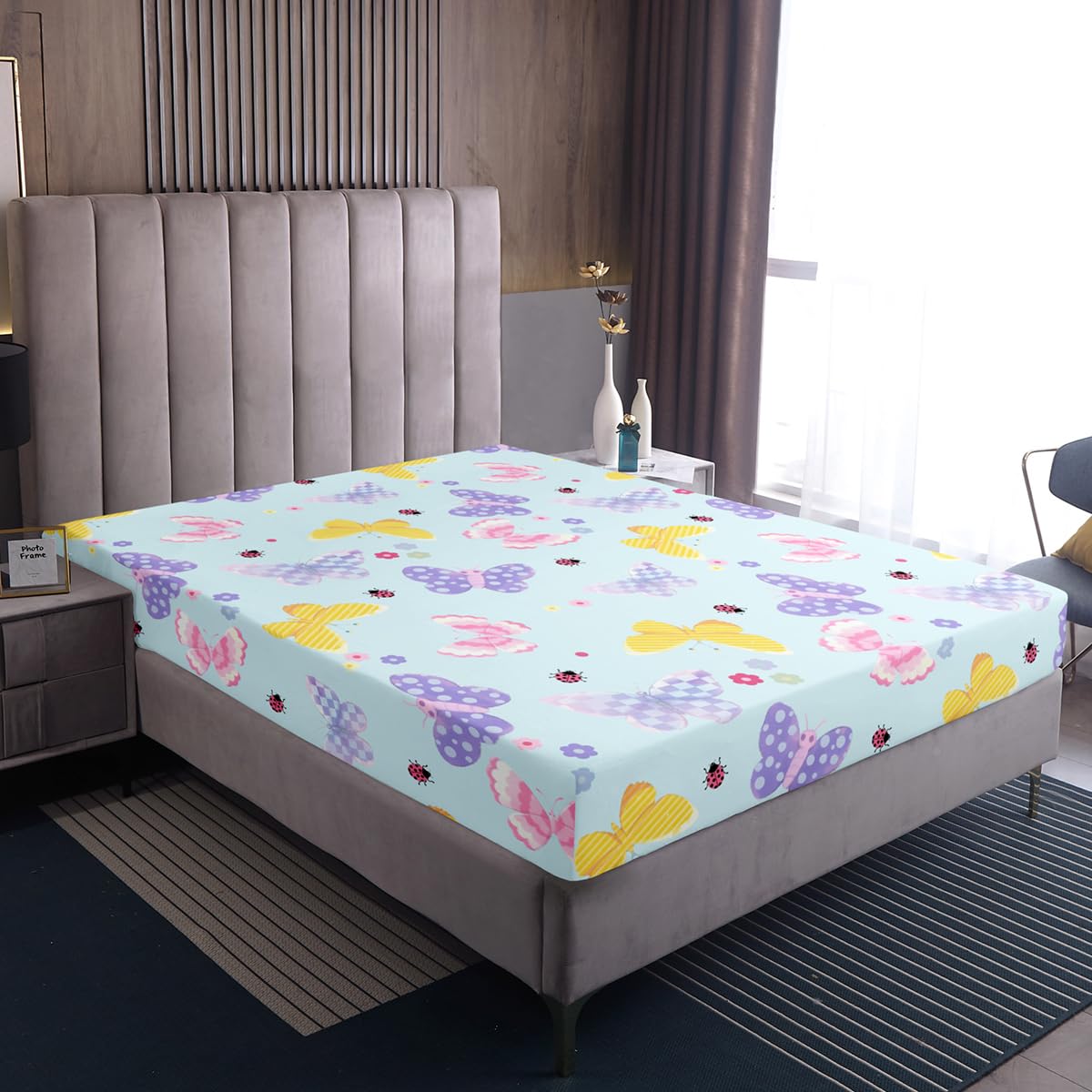 Feelyou Yellow Butterfly Fitted Sheet Twin Size for Kids Boys Girls Pink Butterflies Print Bed Sheets Set 16" Deep Pocket Cute Flowers Bedding with 1 Pillowcase Ladybug Room Decor
