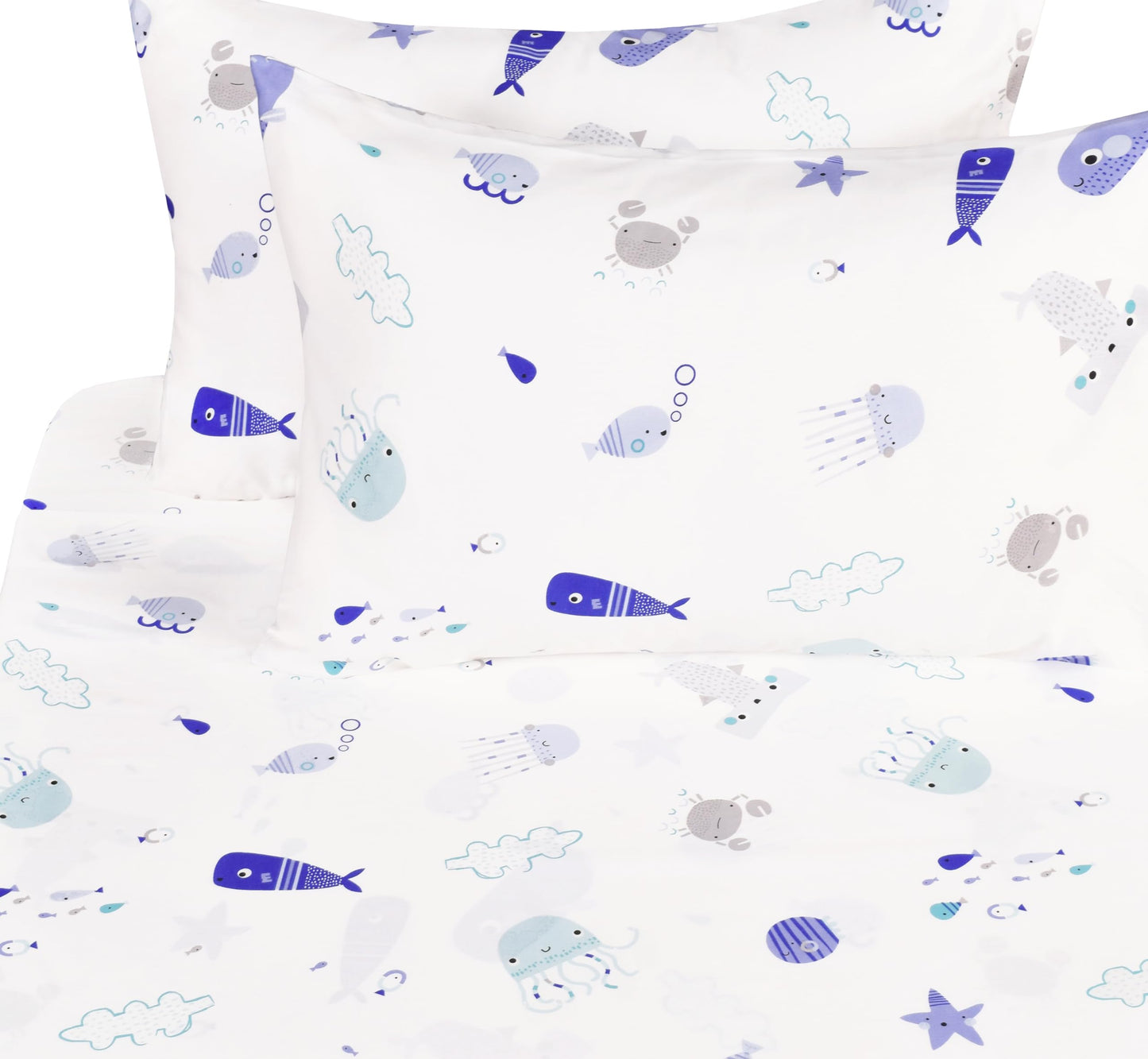 J-pinno Sea Animal Fish Whale Underwater World Cute Cozy Fun Full Sheet Set for Kids Girls Children100% Cotton, Flat Sheet + Fitted Sheet + Pillowcase Bedding Set (10, Full)