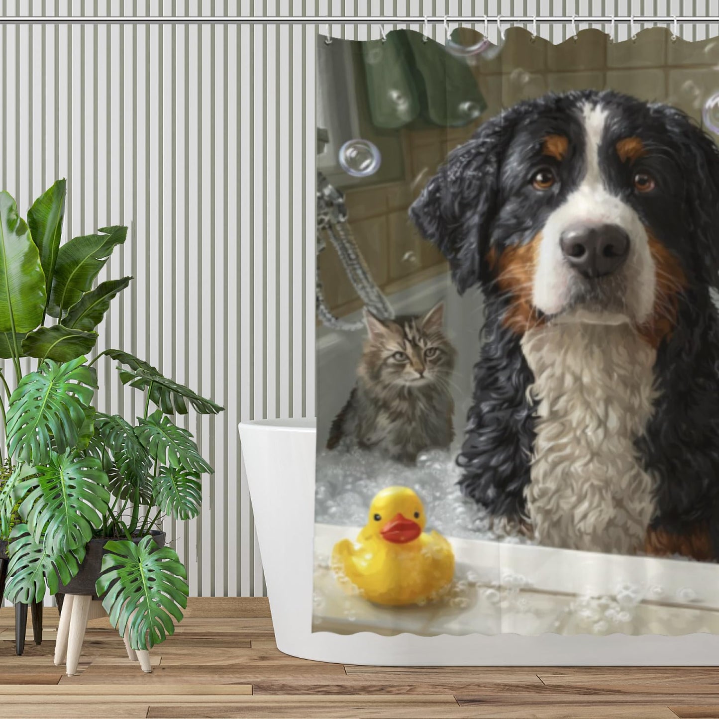Wordatu Bernese Mountain Shower Curtain Bathroom Set 72X72 Inches Funny Cat Lovely Animals in Bathtub for Boys Bath Farmhouse Art Home Decor Fabric 12 Hooks
