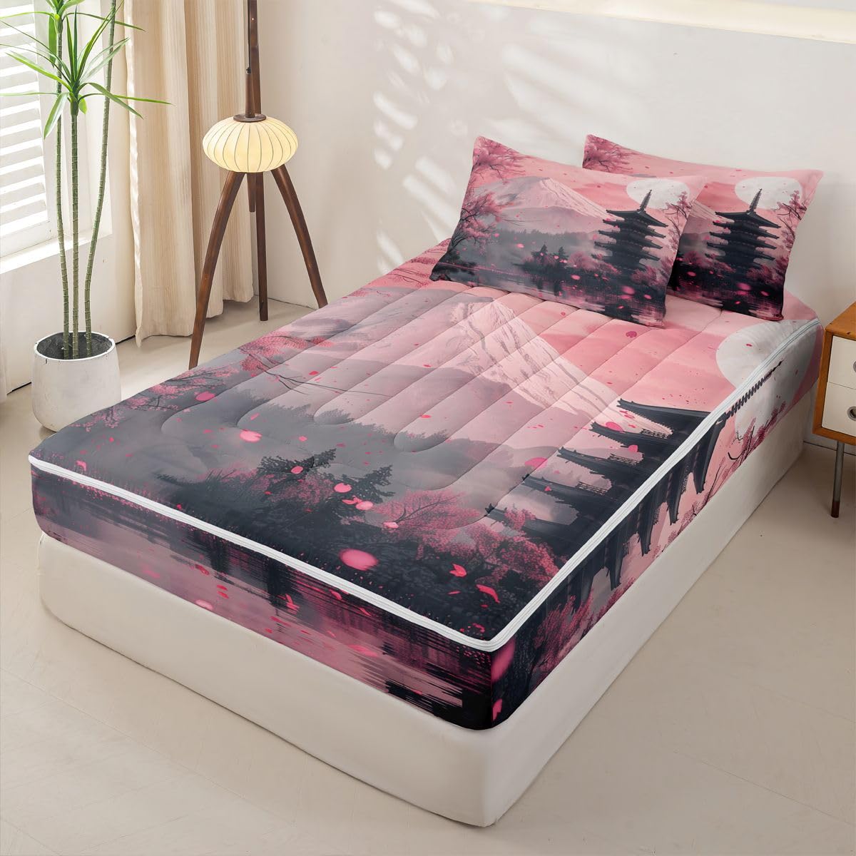 Erosebridal Pink Japanese Kids Comforter Set Twin Cherry Blossom Zipper Bedding Sets for Boys Girls Teen Mount Fuji Sunset 3 Pcs Bed in a Bag Set Vintage Japanese Art Zip Up Bedding