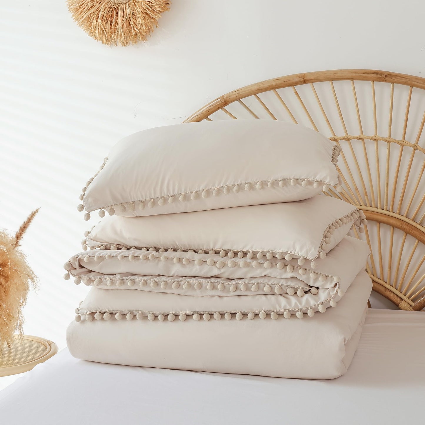 YIRDDEO Queen Comforter Set - Comforter Queen Size Sets with Ball Pom Fringe, Soft Bedding Set for All Seasons - 3 Pieces, 1 Comforter (90"x90") & 2 Pillow Shams (20"x26"), Beige