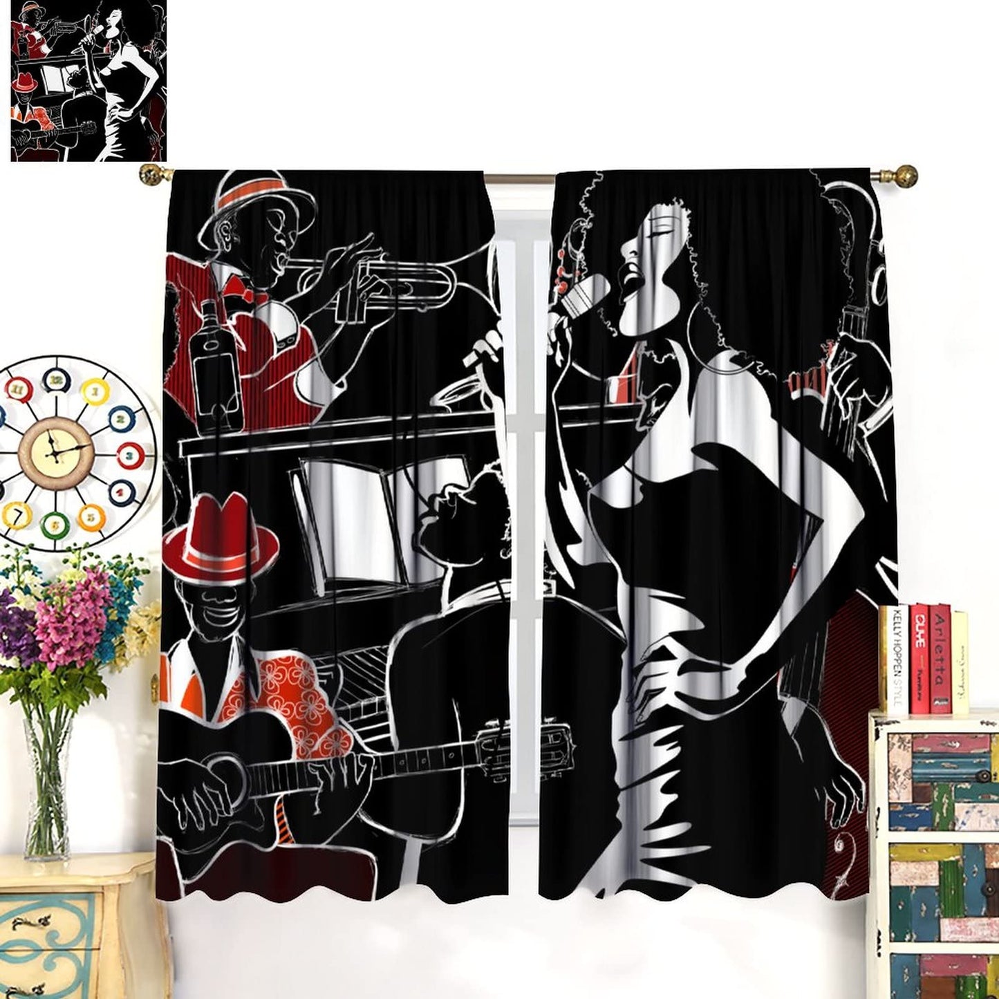 Modern Abstract African American Curtains, Jazz Band Afro Black Woman Singer Performer Silhouette, Thermal Insulation Blackout Window Treatments Rod Pocket for Living Room Bedroom Bathroom 42x45in
