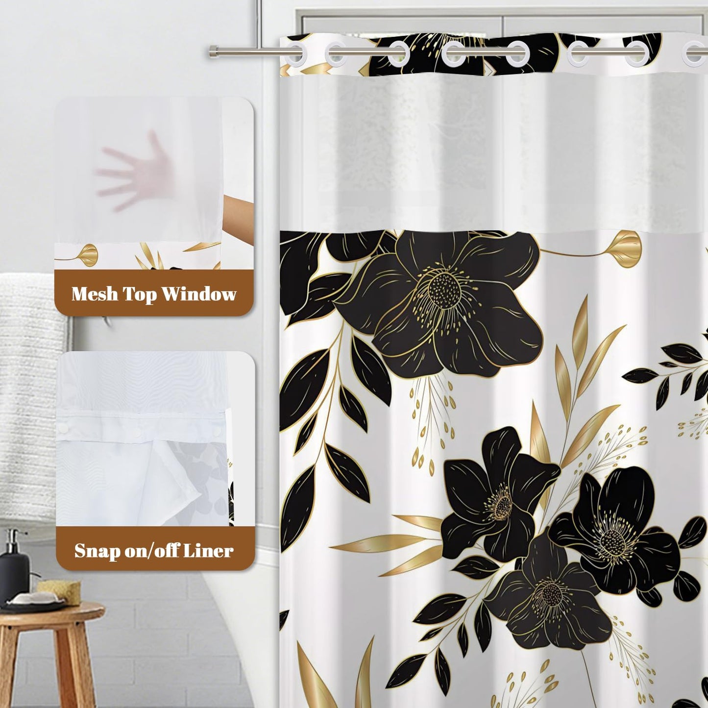 Xiazhilaio No Hook Black & Gold Floral Shower Curtain with Snap in Liner - 71″W x 74″L Waterproof Fabric with Mesh Top Window, Dark Flower Printed Bath Tub Curtain for Modern Luxury Bathroom Decor