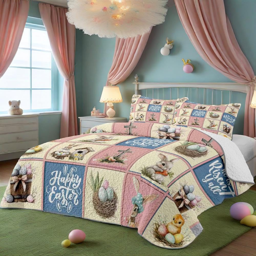 WHWODIDE Happy Easter Patchwork Quilt Set King Pink 3 Pcs Bunny Rabbit Eggs Checkered Bedspread Comforter Soft Lightweight Bedding Set Birthday Gift for Home Decor (Easter Pink Blue, King)