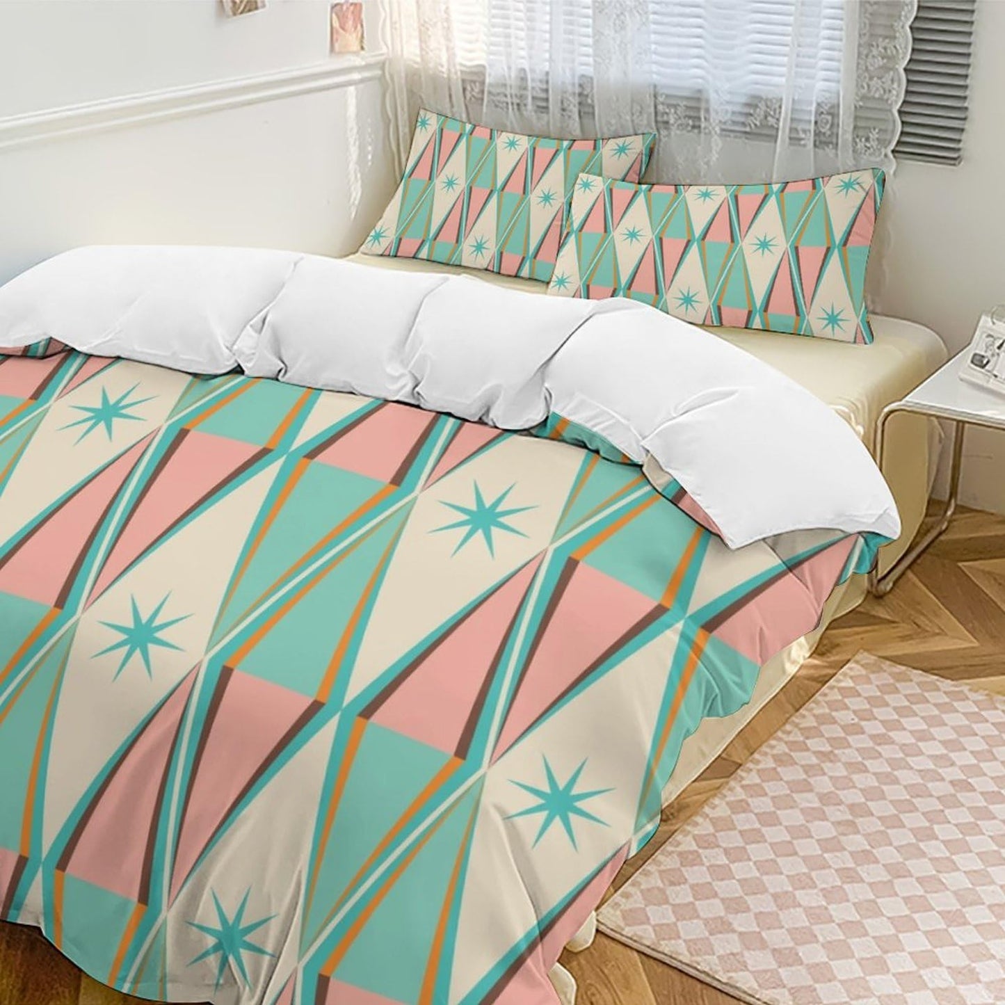 Mid Century Duvet Cover Retro Atomic Bedding Set, Rainbow Grid Comforter Cover Vintage Fifties 1950s Bed Set, Aesthetic Abstract Art Bedding 3 Piece (1 Duvet Cover 86"x70" + 2 Pillow Sham 20"x30")