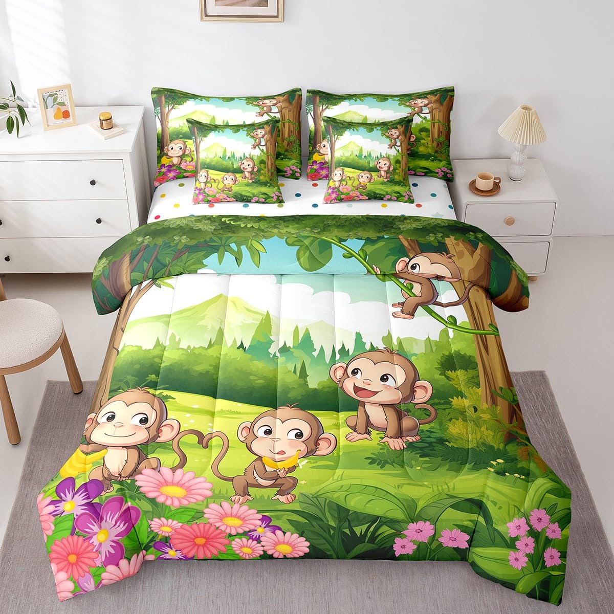 Erosebridal 7 Piece Monkey Bed in a Bag Kids Girls Cute Cartoon Animal Sheet Set Green Nature Plants Floral Decor Bedding Set with Comforter Natural Rustic Garden Theme Cushion Covers, Twin Size