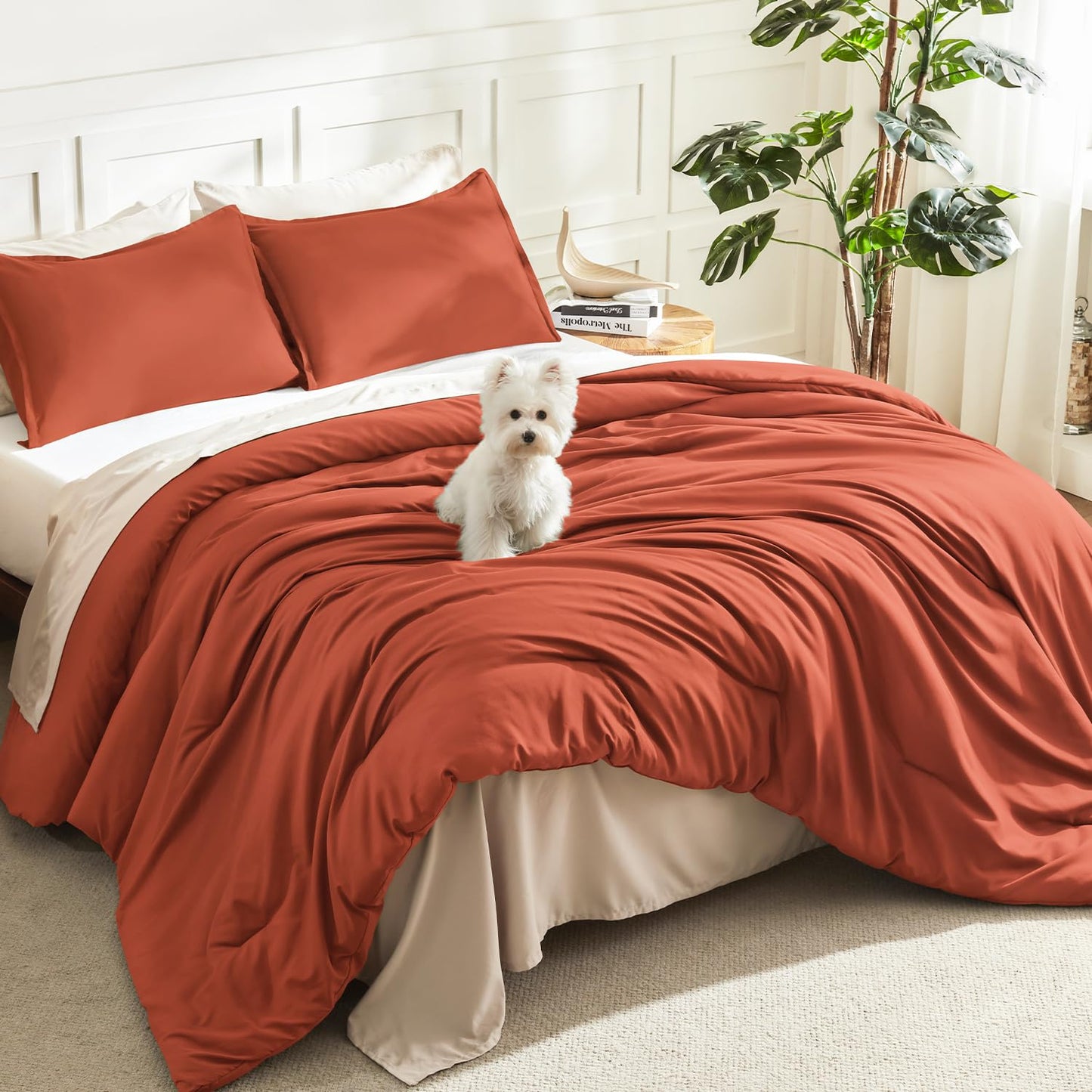 Litanika Comforter King Size Bed Set Burnt Orange, 3 Pieces Terracotta Boho Lightweight Fluffy Solid Bedding Comforter Set, Rust All Season (104x90In Comforter & 2 Pillowcases)