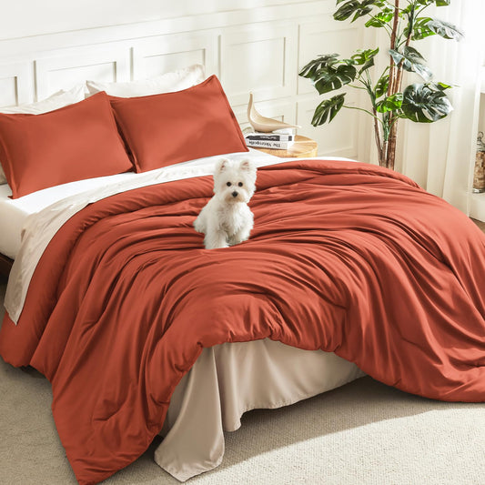 Litanika Comforter King Size Bed Set Burnt Orange, 3 Pieces Terracotta Boho Lightweight Fluffy Solid Bedding Comforter Set, Rust All Season (104x90In Comforter & 2 Pillowcases)