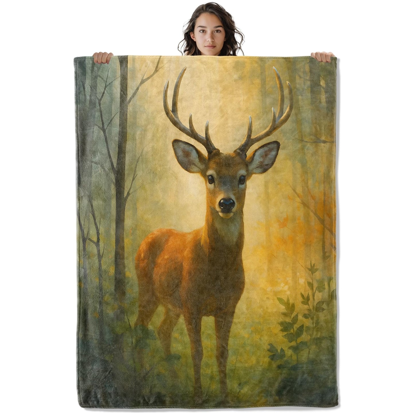 Serene Deer Blanket, 60 x 50 Inch Flannel Forest Animal Throw Blanket, Gifts for Women Girls Adults Kids, Lightweight Cozy Warm Blankets for Sofa Travel Home Decor