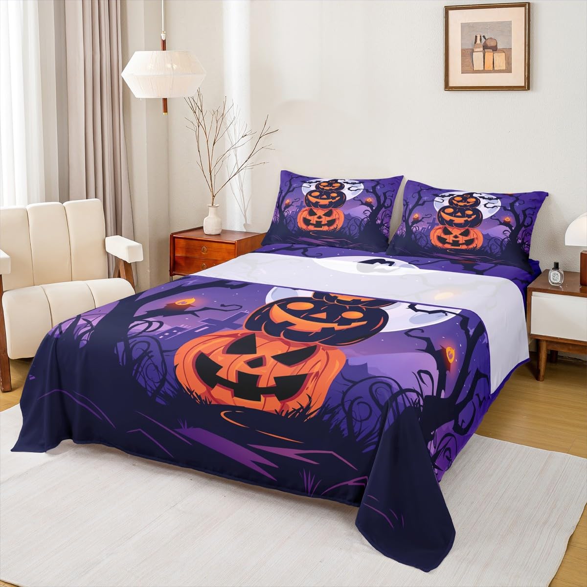 jejeloiu Halloween Decor Bed Sheets Set Twin Size Pumpkins Bed Set for Kids Boys Girls Bats Deep Pocket Fitted Sheet Dead Tree Breathable Soft Lightweight Microfiber