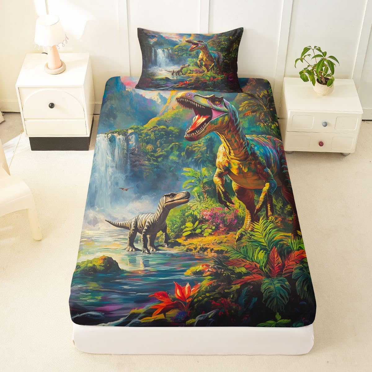 Feelyou Dinosaur Bed Sheets Set Twin Size 3D Digital Print Bed Set for Kids Boys Girls Jungle Dino Deep Pocket Fitted Sheet Wild Animal Breathable Soft Lightweight Microfiber Green Blue