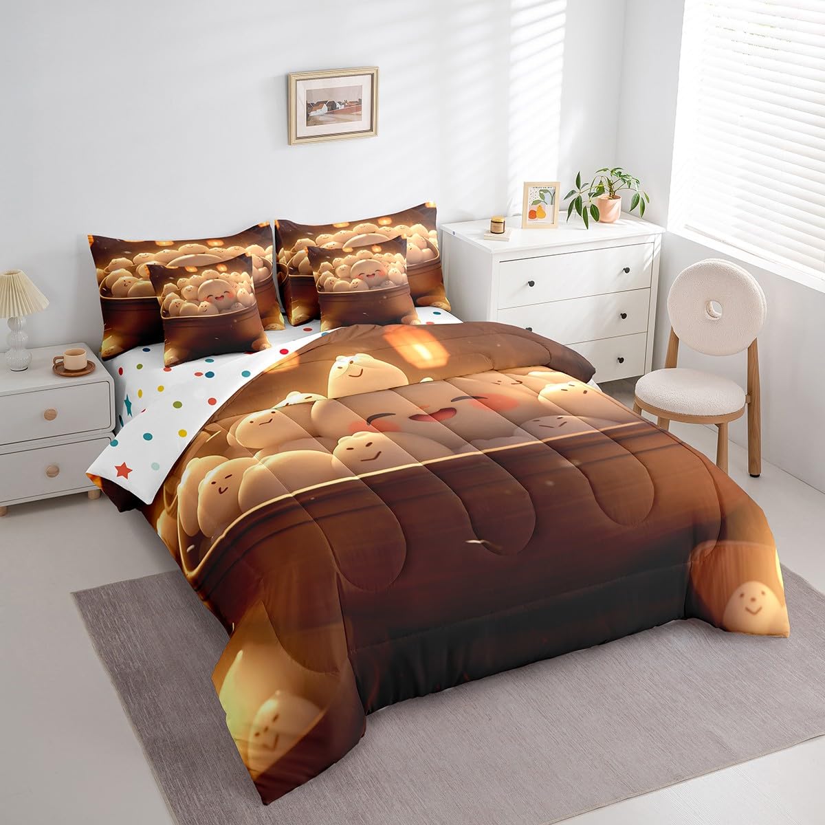 Erosebridal Sweet Dumpling Bedding Set King Size, Cute Dumpling Comforter Set, Traditional Chinese Food Kids Teens (Comforter+Fitted+Flat Sheet+2 Pillowcases+2 Throw Pillow Covers) 7 Pieces Bed Set