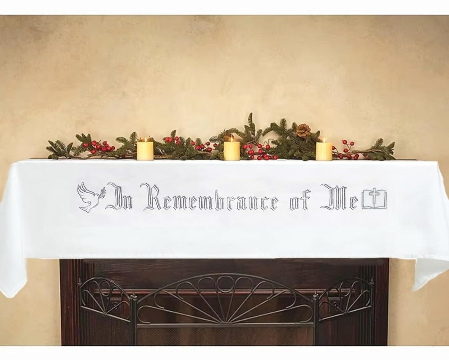 Large In Remembrance of Me Silver Thread Embroidery Altar Frontal Holy Communion Table Cloth Cover 96x52Inch White Rectangle Communion Table Cloth for Church for Gatherings Baptism Ceremonies(Silver)