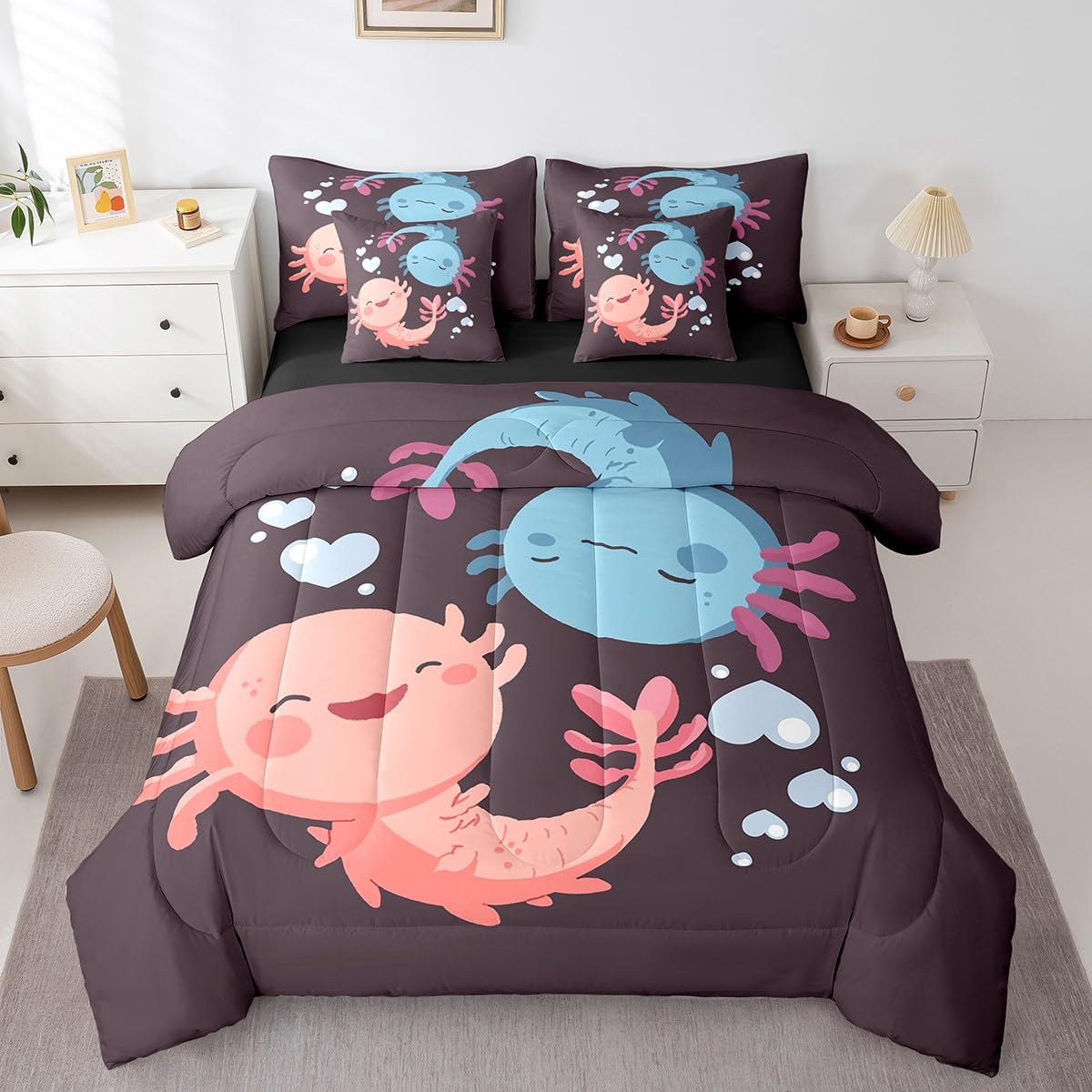 Erosebridal Kawaii Comforter Set 7 Piece Bed in a Bag Twin,Cute Cartoon Axolotl Bedding Sets Sealife Wildlife Reptile Comforter and Sheet Set,Lovely Nautical Sea Animal Pet Bed Set