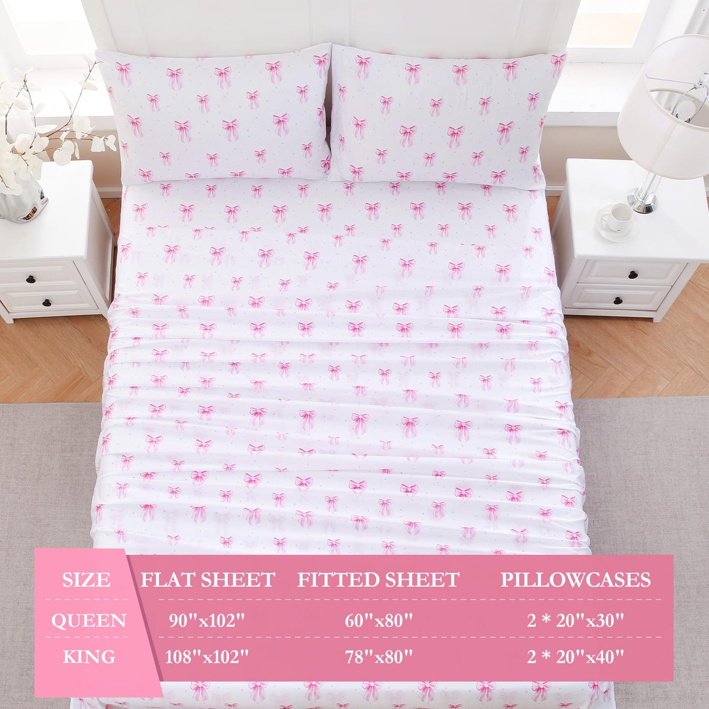 MICORAL Boho Floral Queen Sheet Set, 4-Piece Printed Botanical Bed Sheets, 16" Deep Pocket, Ultra Soft & Cooling Sheet, Oeko-TEX Certified, Pink Bow